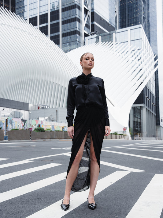 Annya Silk mesh pleated maxi wrap skirt