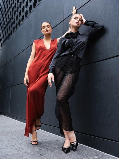 Annya Silk mesh pleated maxi wrap skirt