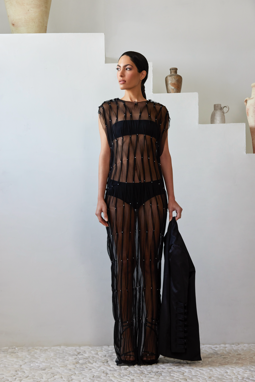 Black silk mesh embroidered with Swarovski Crystals Dress