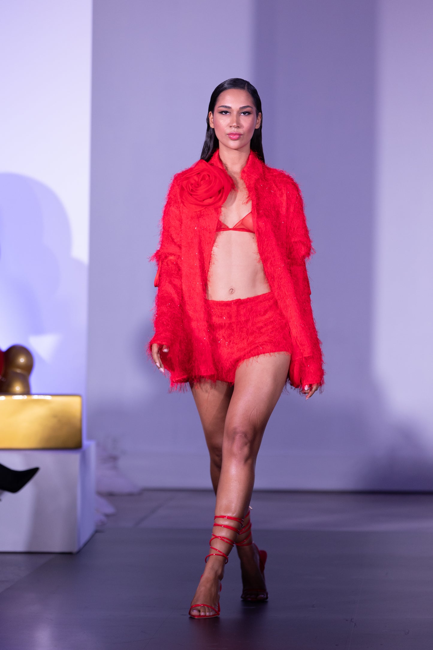 Red long sleeves Blouse with silk rose