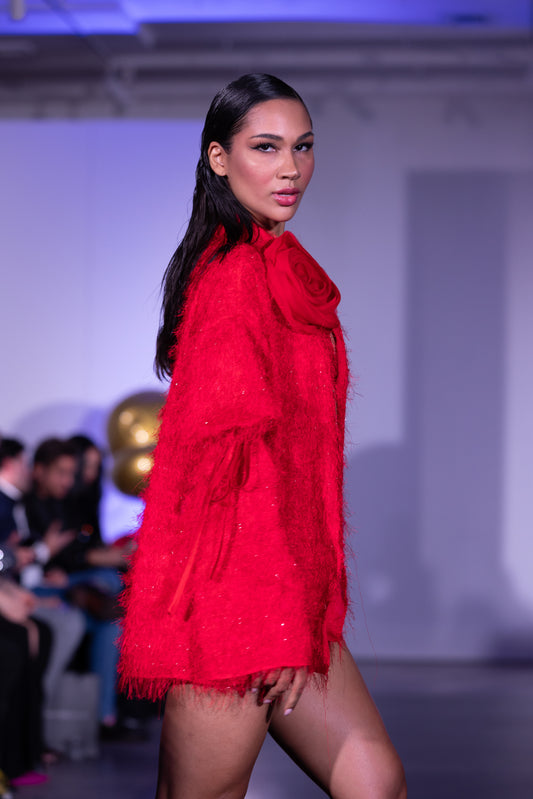 Red long sleeves Blouse with silk rose