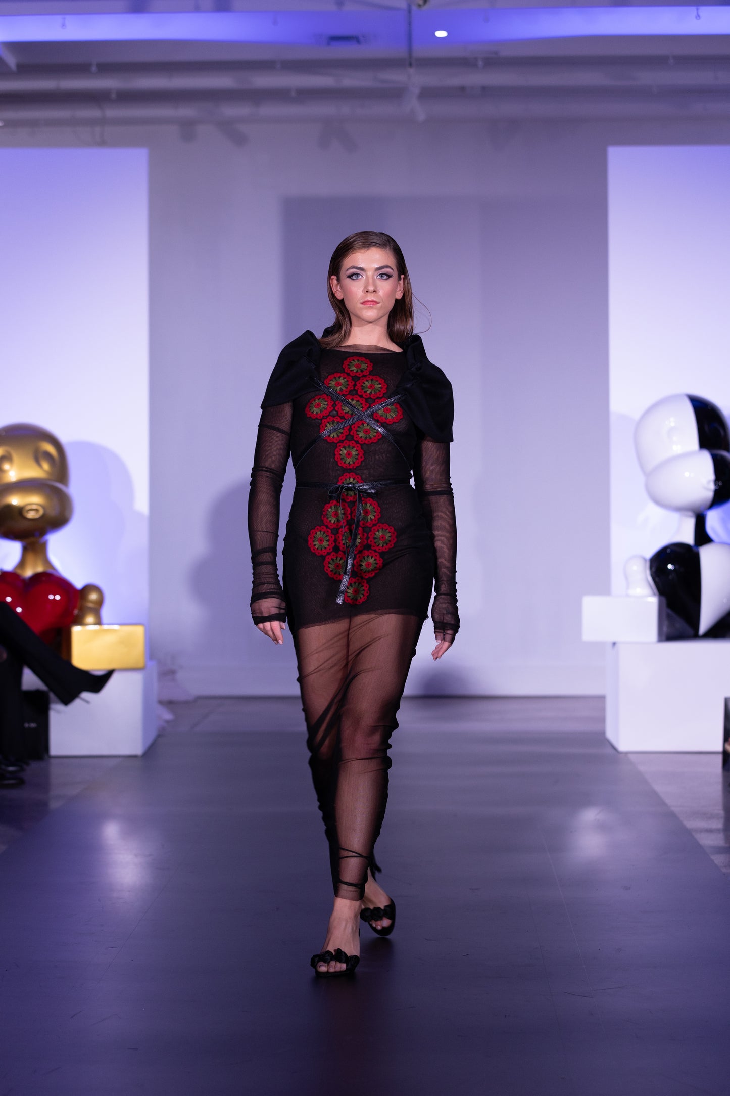 Black silk Mesh mini dress with crochet aplique