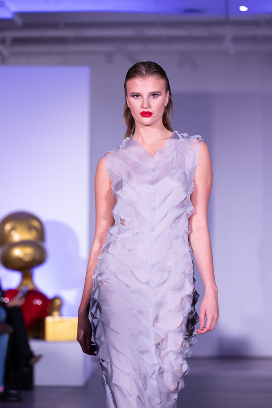 Silver Silk Chiffon and Swaroski crystals gown