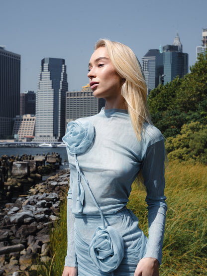 Gen Silk mesh blouse with oversized silk mesh rose