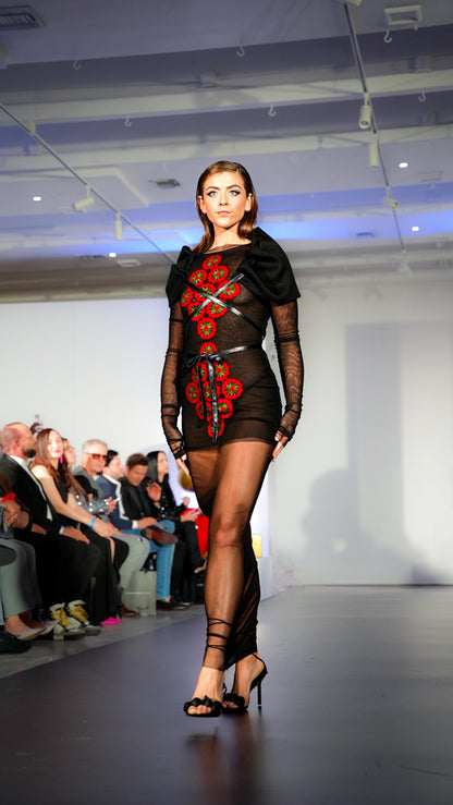 Black silk  Mesh mini dress with crochet aplique