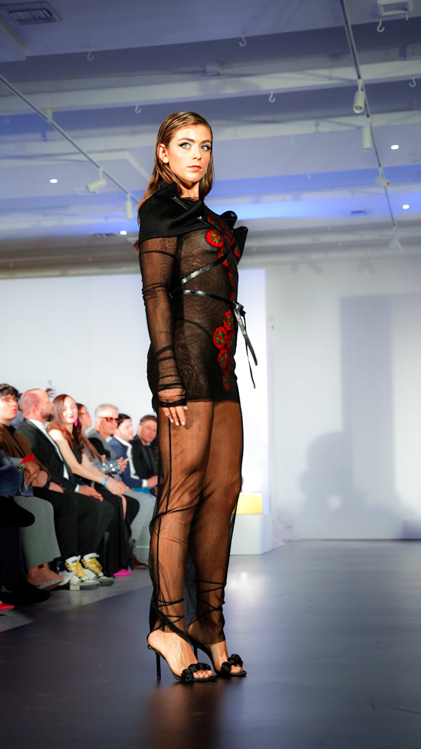 Black silk  Mesh mini dress with crochet aplique