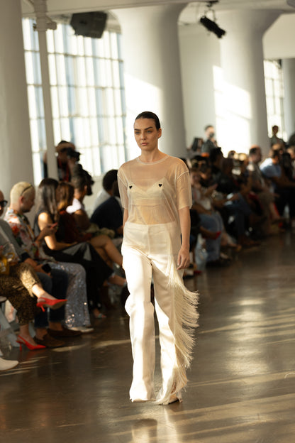 Fringed silk satin western style pants