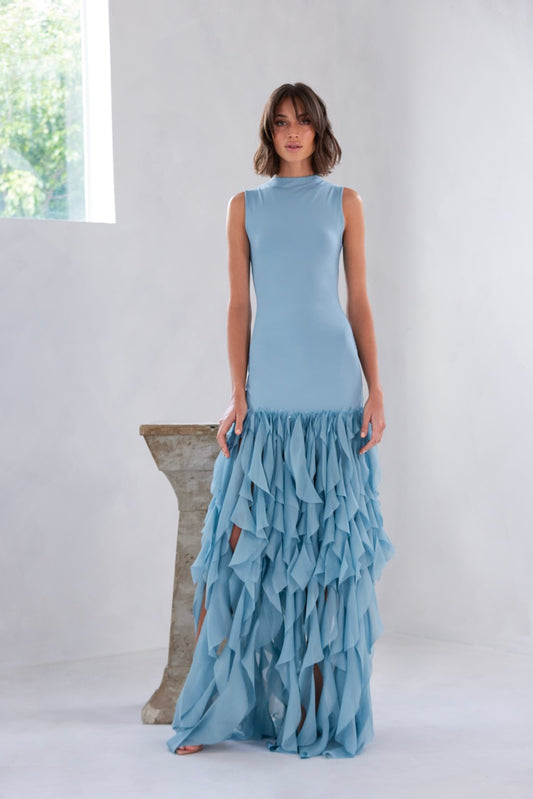 Cotton Knit and Silk Chiffon Ruffled Full Bottom