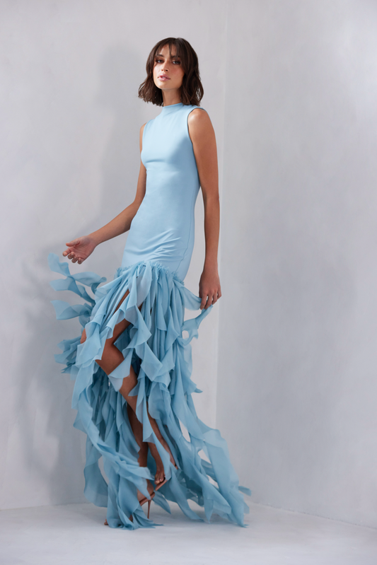 Cotton Knit and Silk Chiffon Ruffled Full Bottom