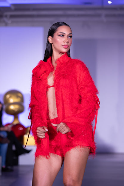 Red long sleeves  Blouse with silk rose