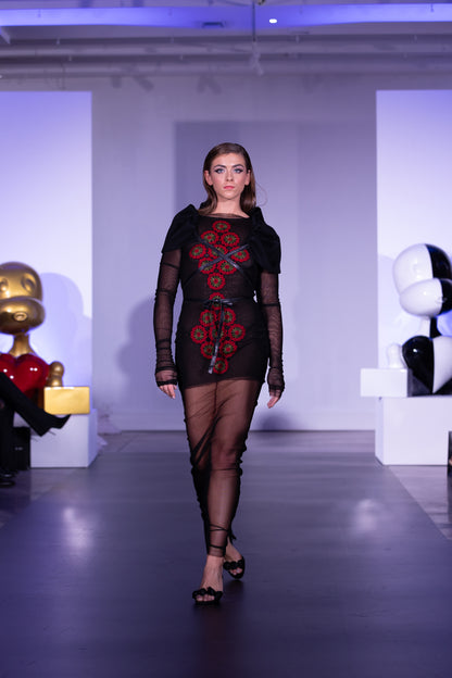 Black silk  Mesh mini dress with crochet aplique