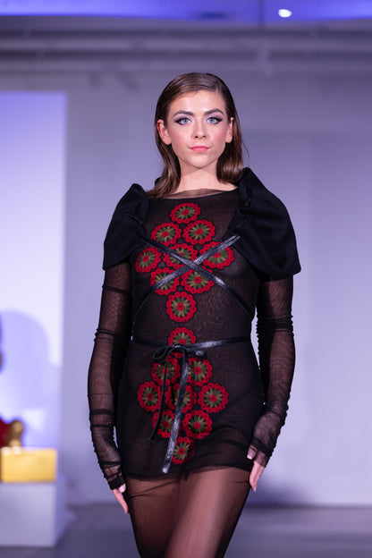 Black silk  Mesh mini dress with crochet aplique