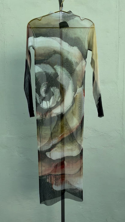 white rose exclusive printed silk mesh midi dress