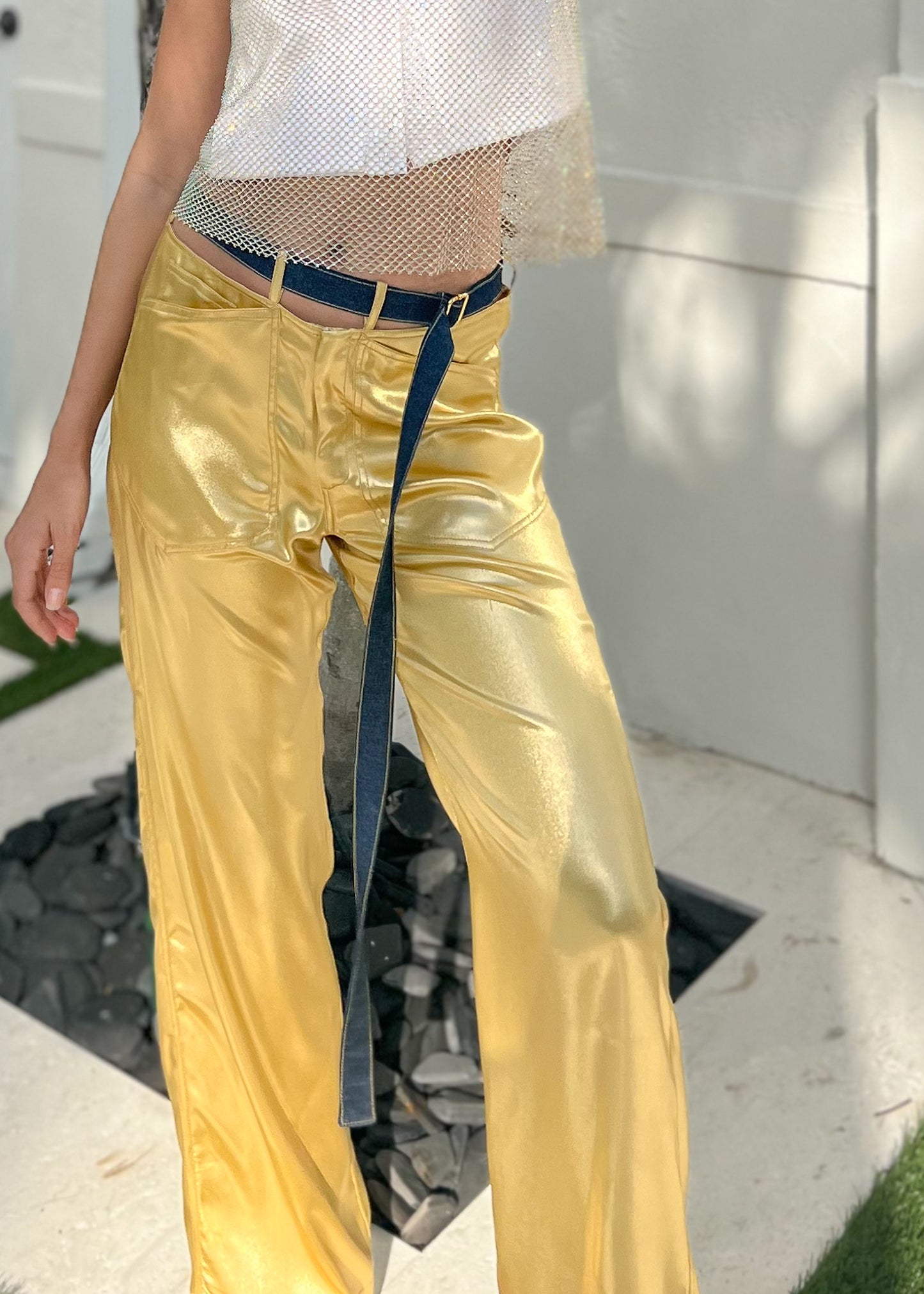Gold Silk Belted Pant
